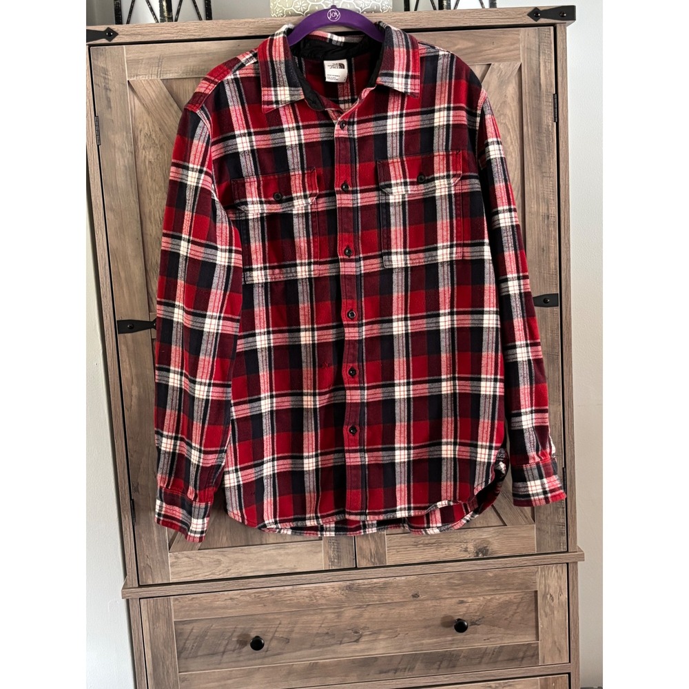 The North Face Mens Red Black Plaid Flannel Button Down Shirt Large L Cotton